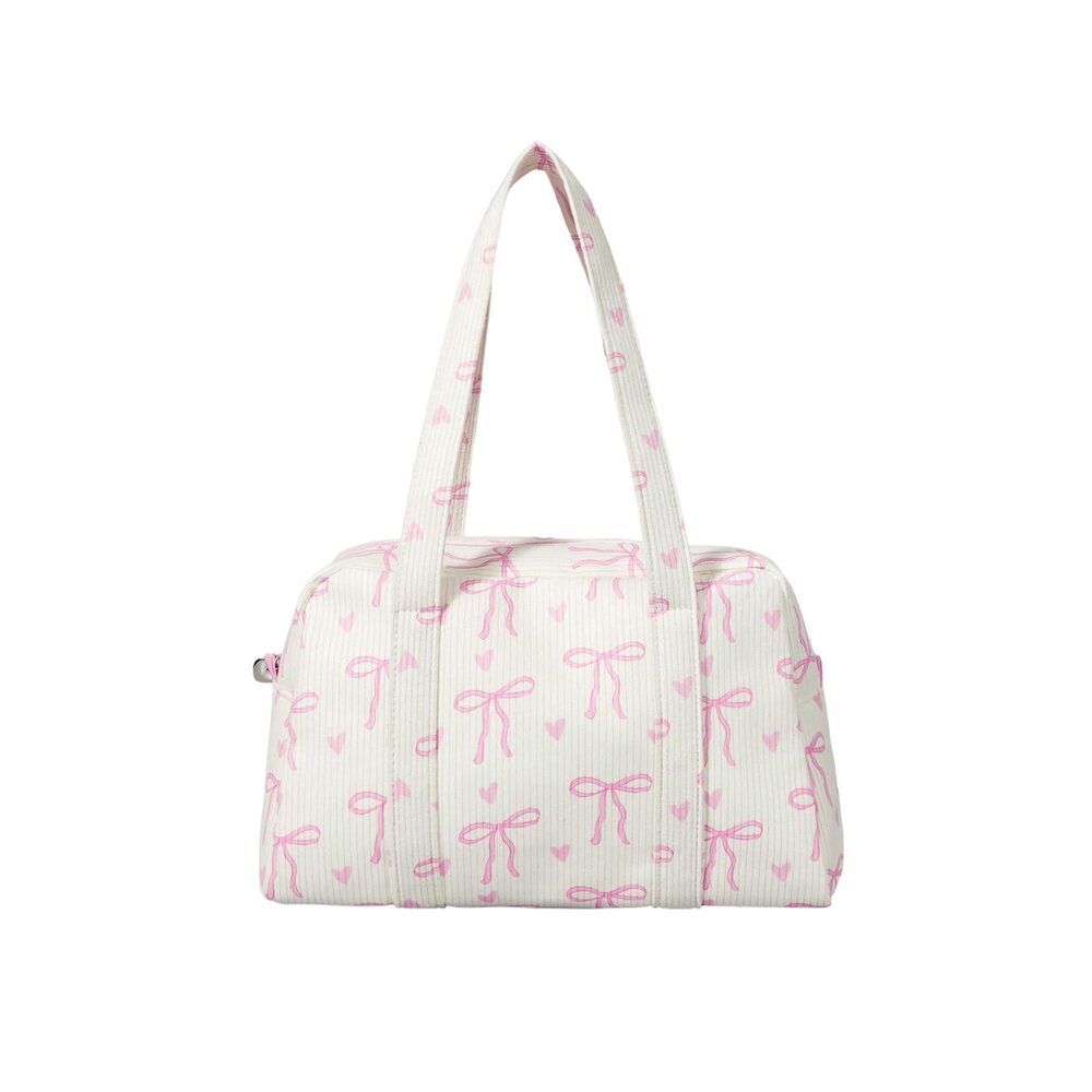 1741 Y2K Corduroy Bow Print Shoulder Bag Heart Zipper Double Handle
